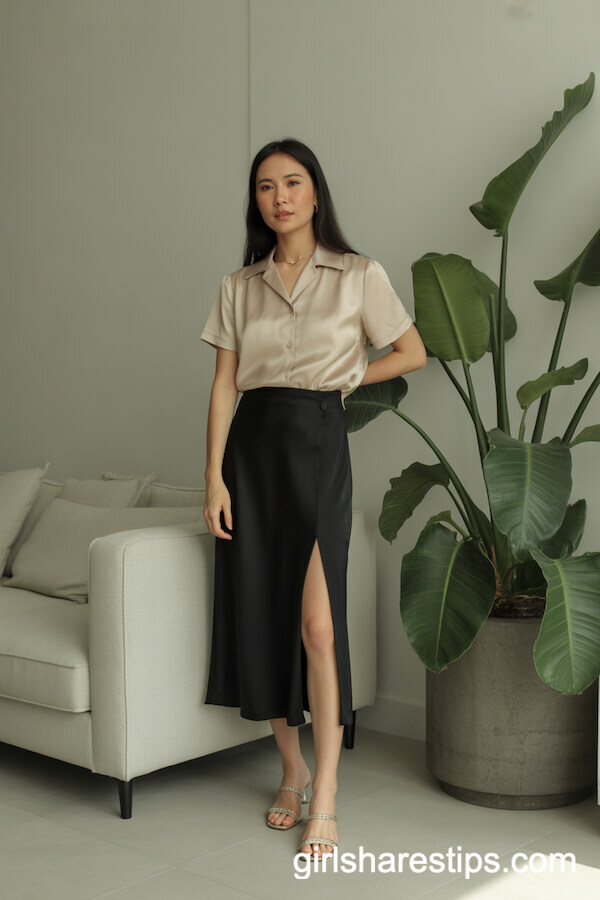 Sand-colored silk blouse with black high-waisted midi skirt and side slit