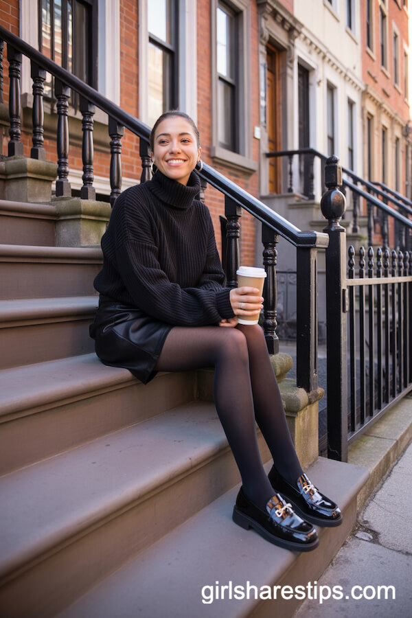 Chunky black turtleneck sweater with black mini skirt and opaque tights