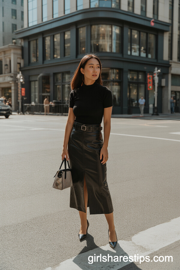 Fitted black mock-neck top with belted black midi skirt