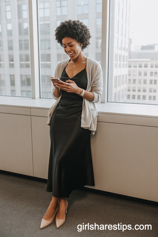 Sleek black satin cami with black maxi skirt and short beige cardigan