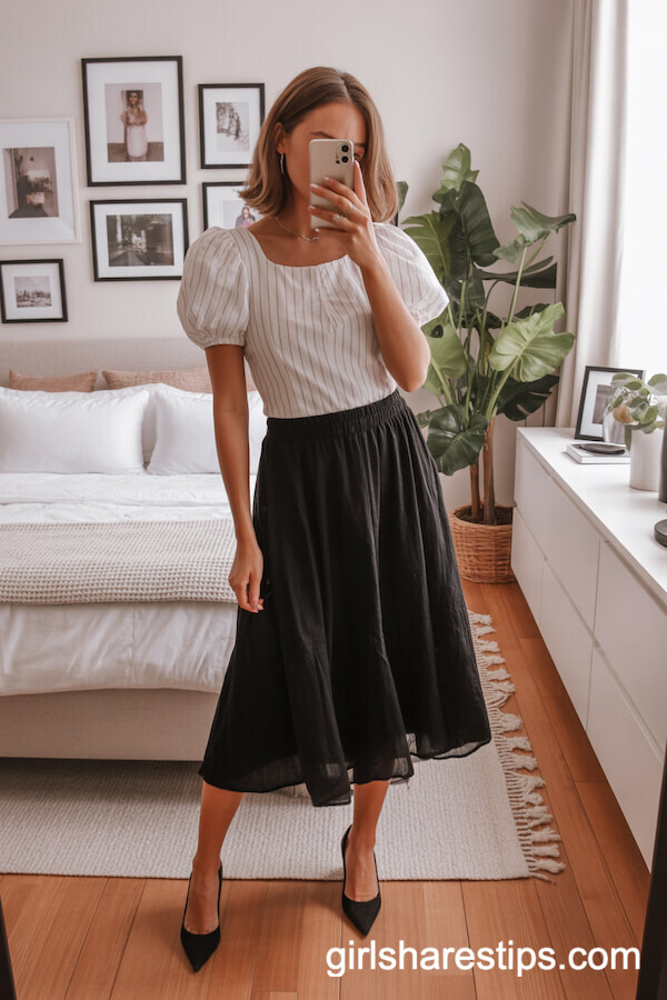 Puff-shoulder striped top tucked into black flowy midi skirt