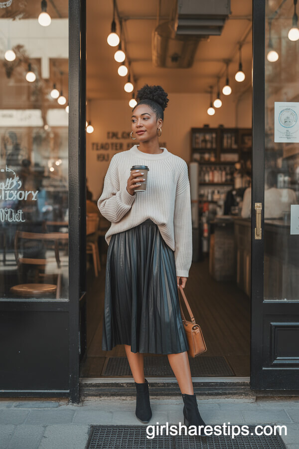 Cozy cream chunky knit sweater with flowy black midi skirt