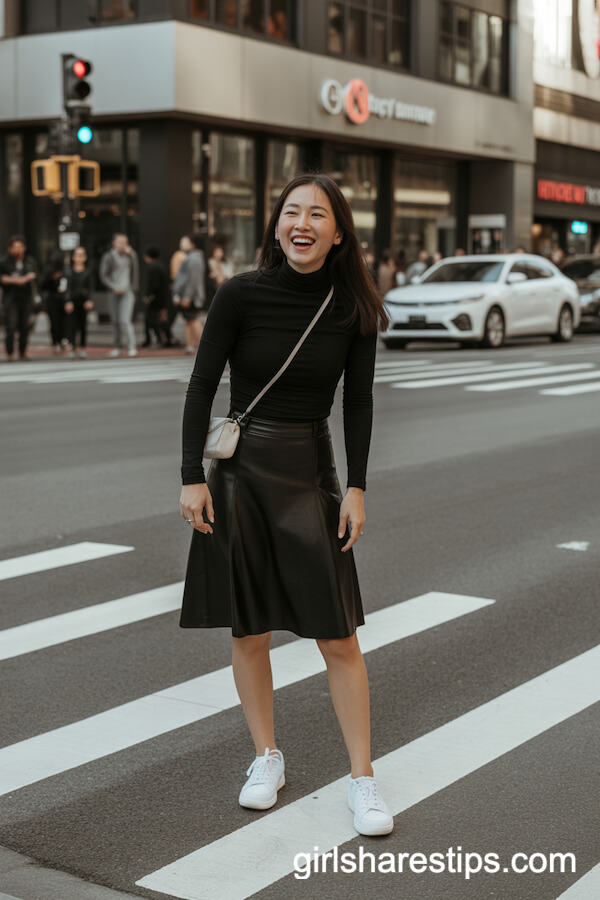 Slim black turtleneck tucked into a black A-line skirt