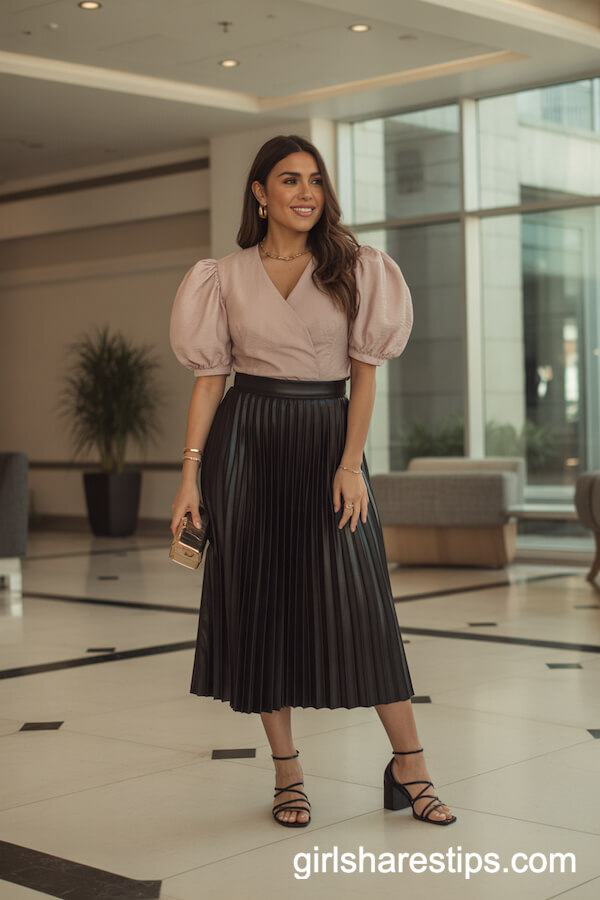 Blush pink puff sleeve blouse with black pleated midi skirt