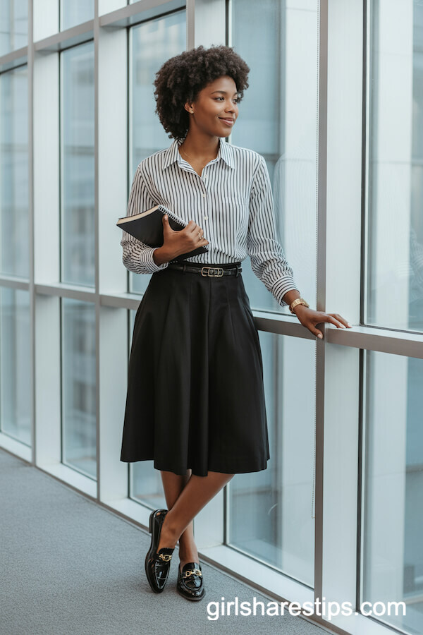 Classic white-and-black striped button-up with black knee-length skirt