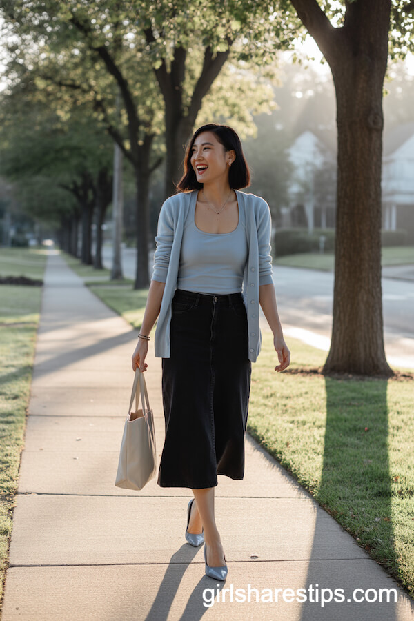 Pale blue cardigan over a fitted tank top with black high-waisted midi skirt