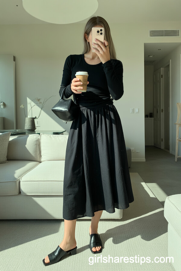 Minimalist long-sleeve black top with black flowy midi skirt
