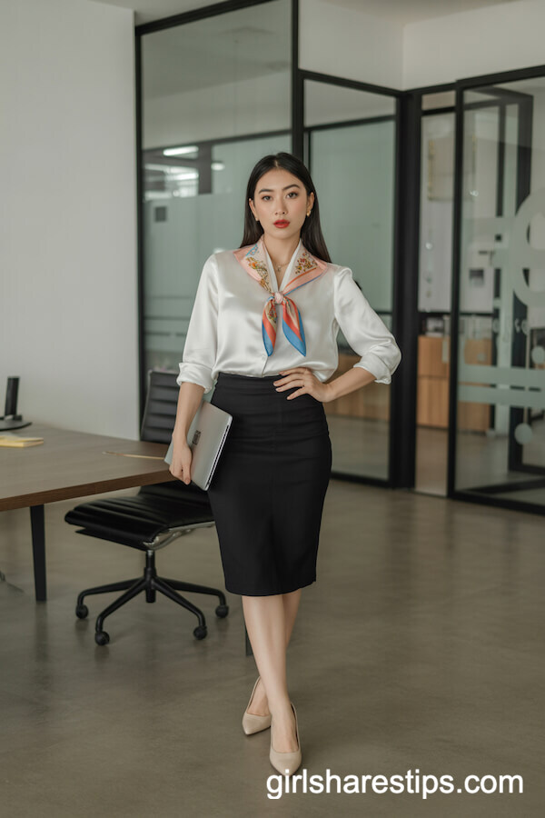 Elegant white blouse and black pencil skirt with colorful silk scarf