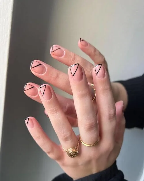 Black Natural Nails With Geometric Design