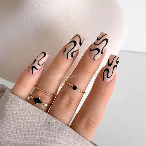 Simple Black Manicure With Abstract Pattern