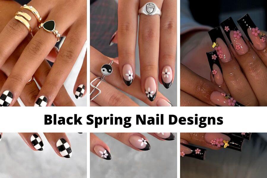 collage of black spring nail designs