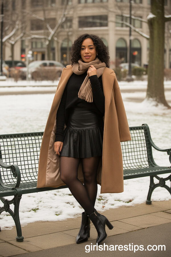 Black Sweater, Camel Coat, Black Tights, Scarf, Black Tennis Skirt