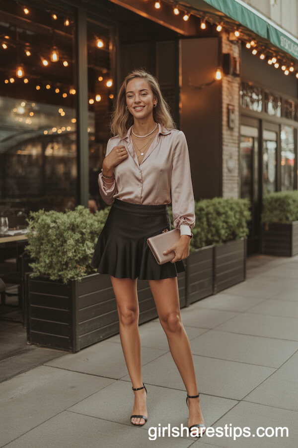 Silky Blush Pink Blouse Layered Necklaces Heeled Sandals with Black Tennis Skirt