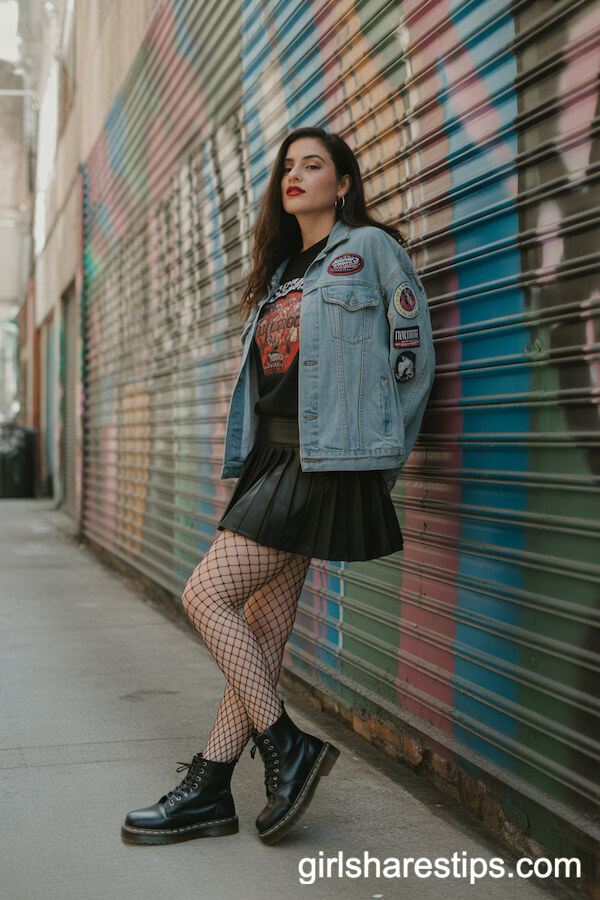 Band Tee, Denim Jacket with Patches, Fishnet Tights, Dr. Martens with Black Tennis Skirt