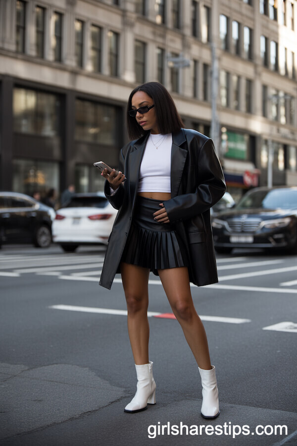 White Crop Top and Oversized Black Leather Blazer with Black Tennis Skirt