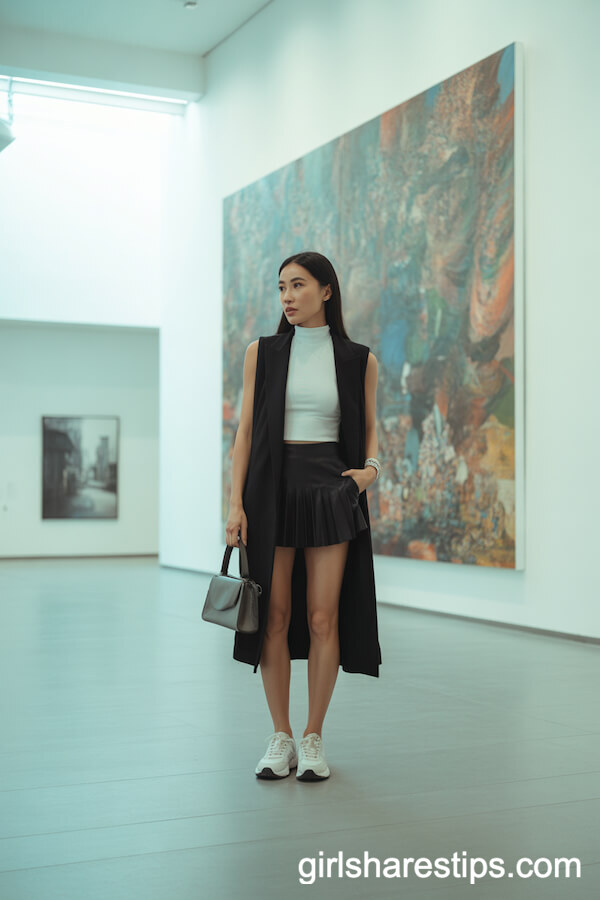 High-Neck Sleeveless Top, Long Tailored Vest, Minimal Sneakers with Black Tennis Skirt