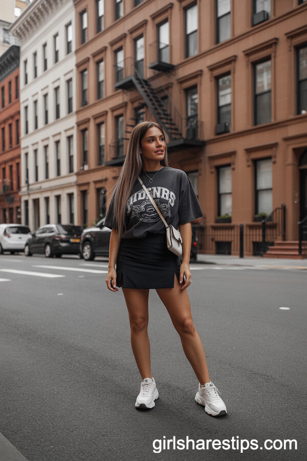 Oversized Graphic Tee Tucked into a Black Tennis Skirt with Chunky Sneakers
