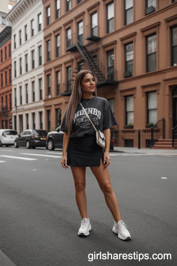 Oversized Graphic Tee Tucked into a Black Tennis Skirt with Chunky Sneakers