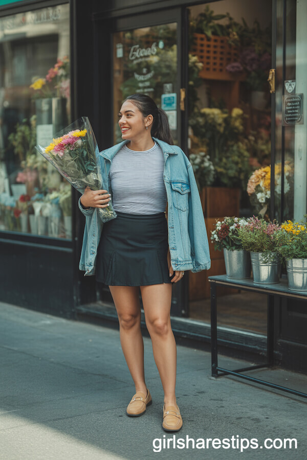 Tucked-In Striped Long-Sleeve Shirt, Denim Jacket, and Tan Loafers with Black Tennis Skirt