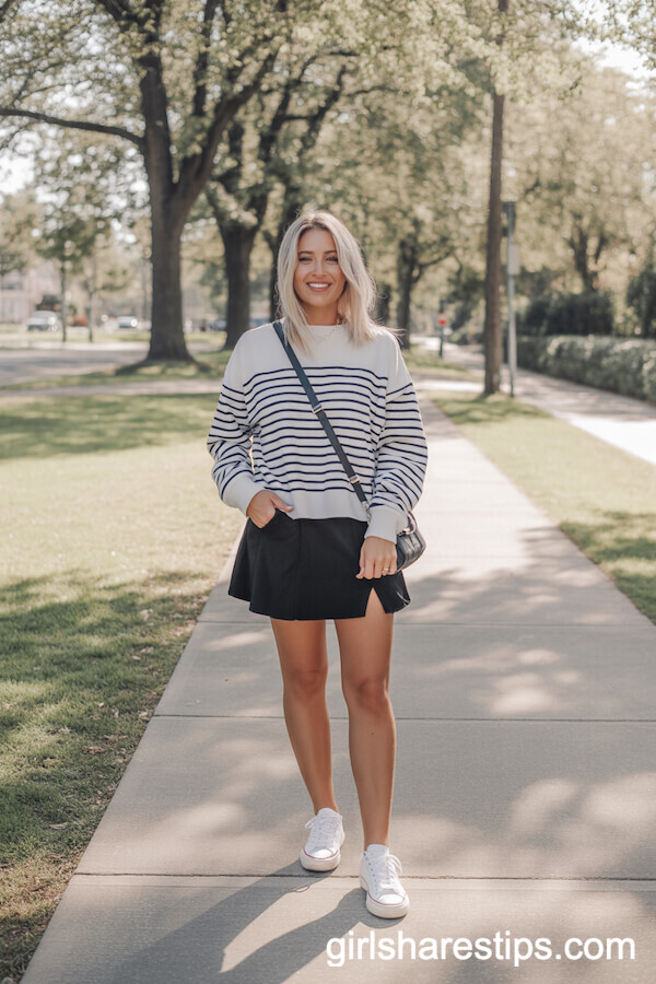 Oversized Striped Sweater, White Sneakers, Crossbody Bag, Black Tennis Skirt