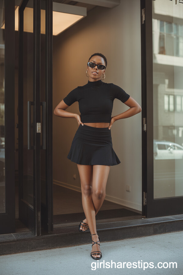 All-Black Ensemble with Mock-Neck Top, Tennis Skirt, and Strappy Sandals