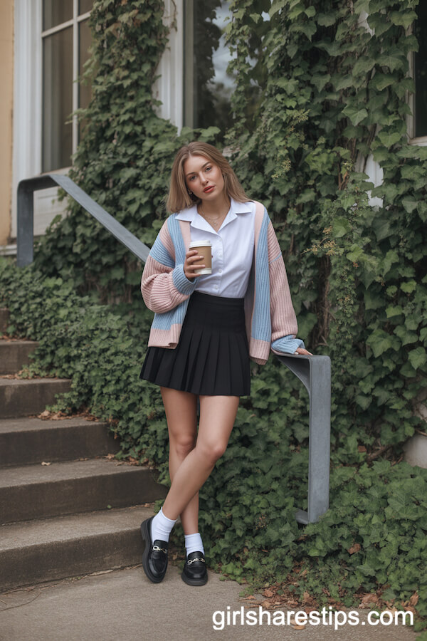 Pastel Cardigan Over a White Shirt with Black Tennis Skirt and Loafers