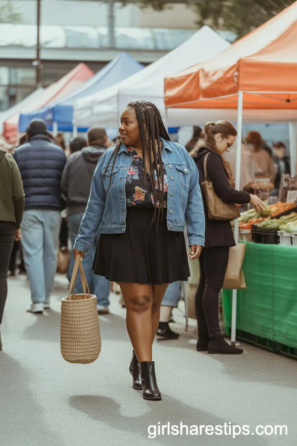 Floral Blouse and Denim Jacket with Black Tennis Skirt and Ankle Boots