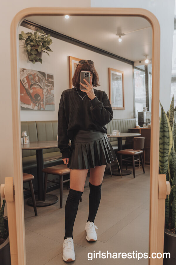 Oversized Sweater, Knee-High Socks, White Sneakers with Black Tennis Skirt