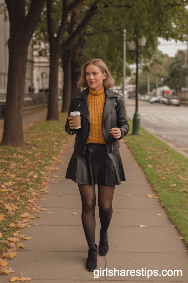 Chunky Mustard Sweater, Faux Leather Jacket, Black Tights, Black Tennis Skirt
