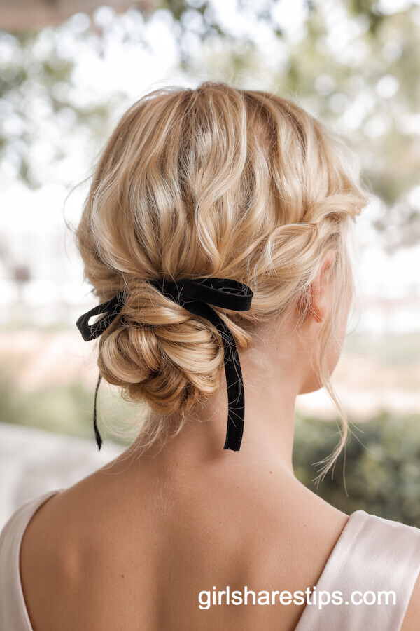 Loose Blonde Bun with Velvet Bow
