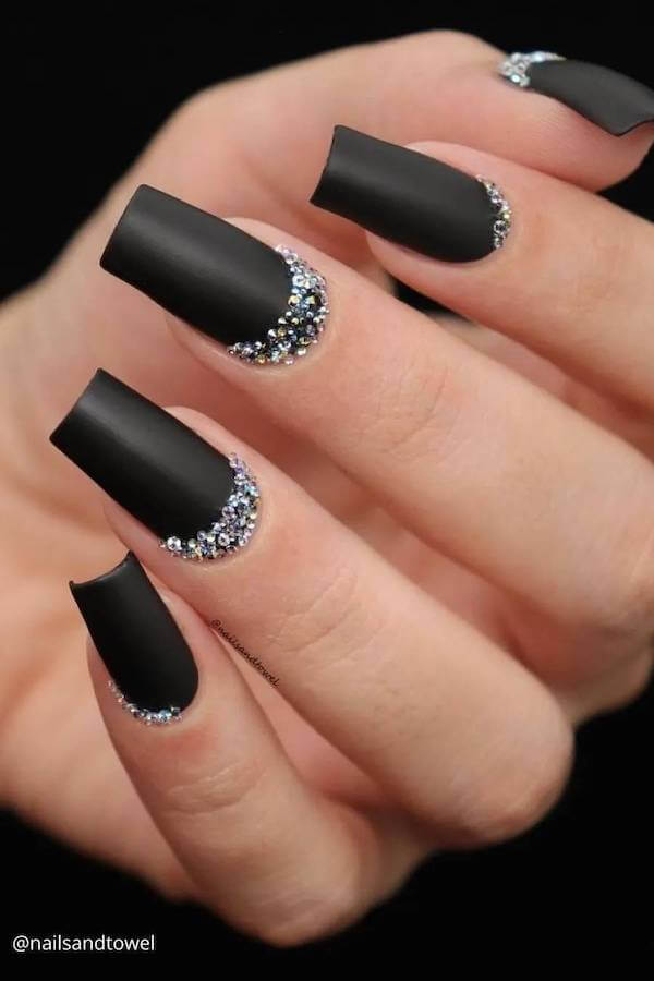 Matte Black Nails with Rhinestone Cuticles