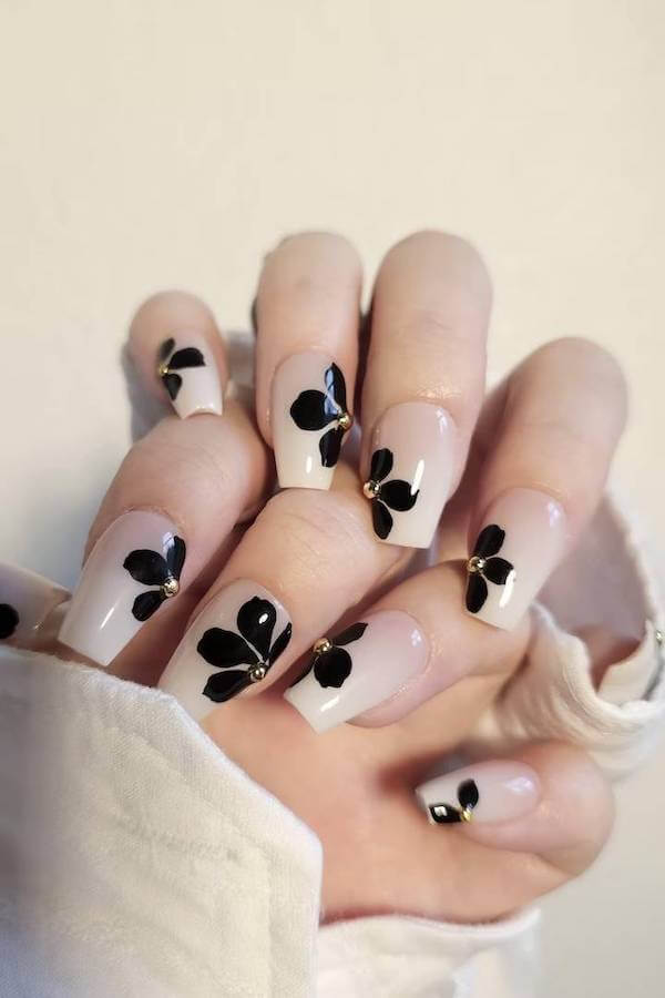 Black Floral Accent Nails