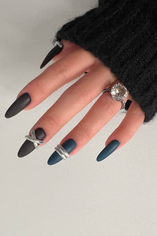 Matte Black and Deep Blue Nails