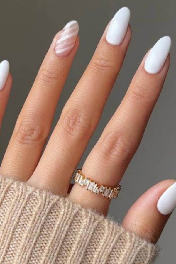 Minimalist White Nails with Stripe Accent