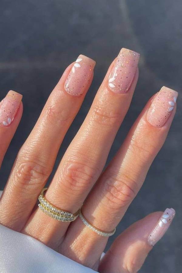Subtle Nude Nails with White Petal Details