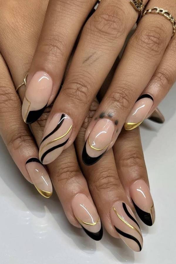 Black, Gold, and Nude Swirl Nails