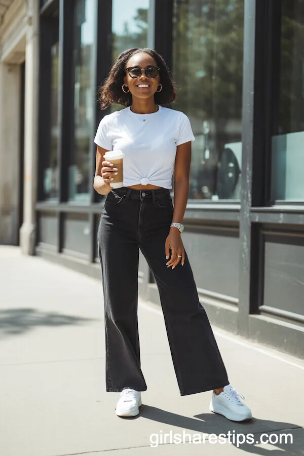 Classic White Tee and Sneakers with Black Wide Leg Jeans