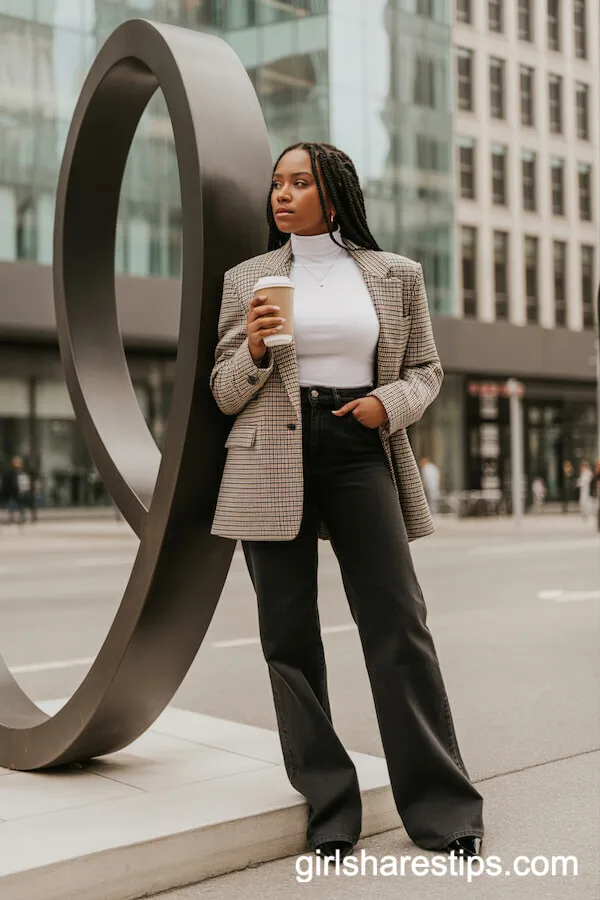 Plaid Blazer and Turtleneck for Polished Downtown Style