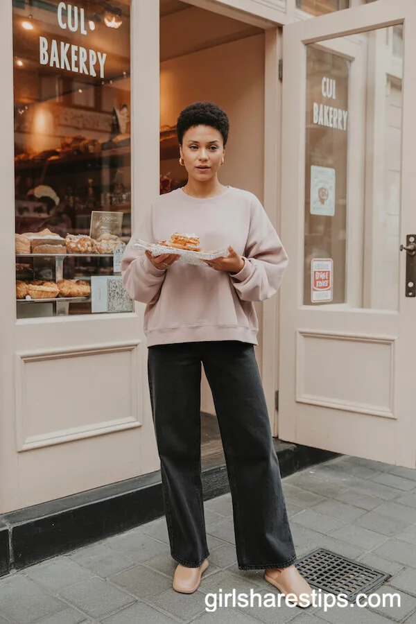 Pastel Sweatshirt and Mules for a Cozy Bakery Stop