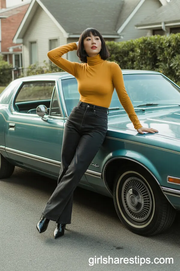 Retro Modern Look with Mustard Turtleneck and Pointed Boots