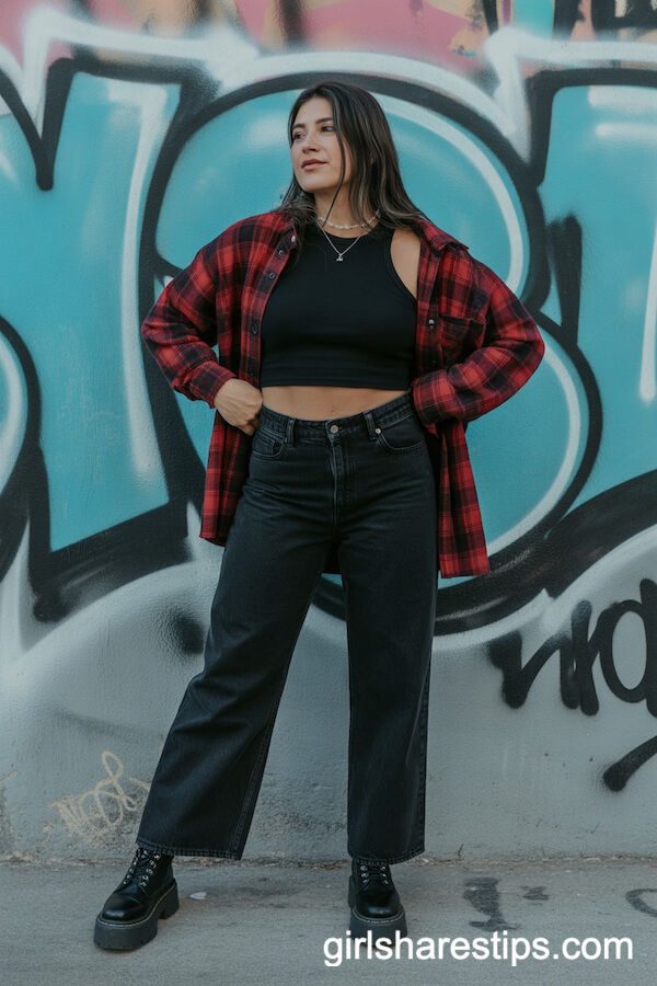 Grunge-Inspired Flannel Shirt and Chunky Boots