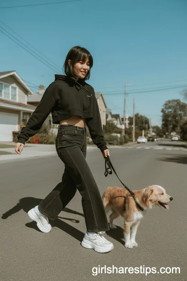 Cropped Hoodie and Platform Sneakers for a Sporty Dog Walk Look