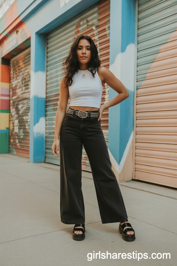 Confident Cropped Top and Platform Sandals by a Mural