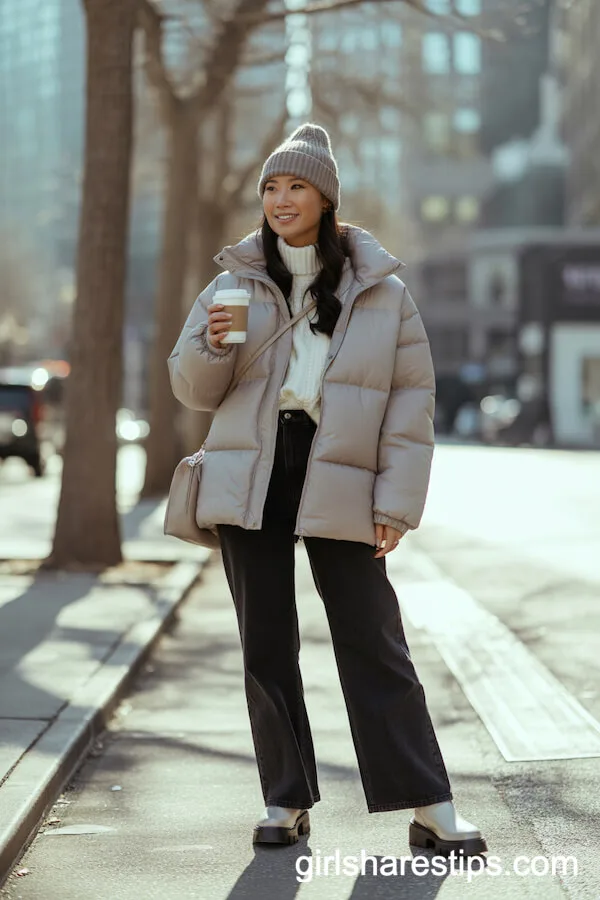 Winter Ready in a Cream Turtleneck and Oversized Puffer