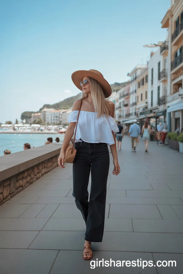 Coastal Stroll with Off-the-Shoulder Top and Sandals