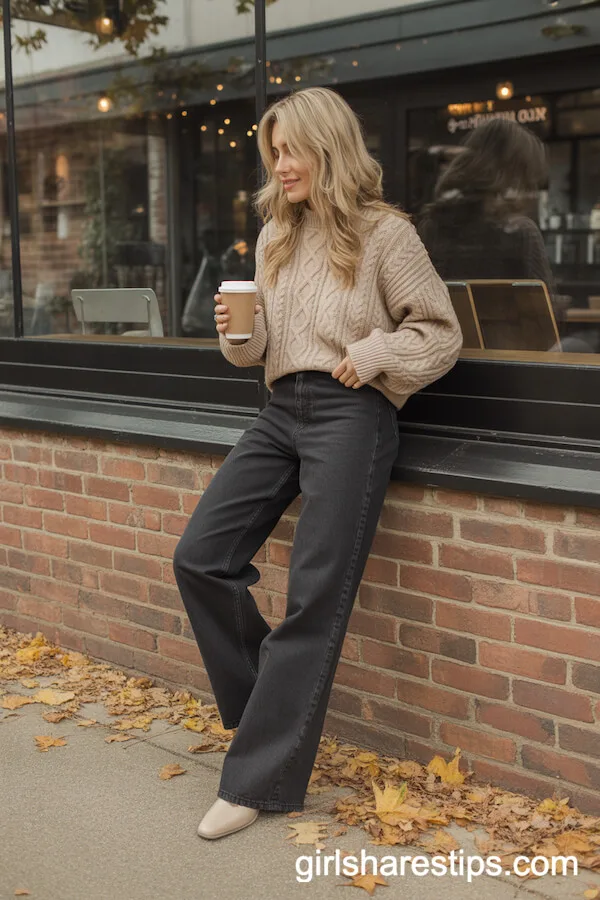 Chunky Knit Sweater and High-Rise Jeans for Fall Coffee Runs
