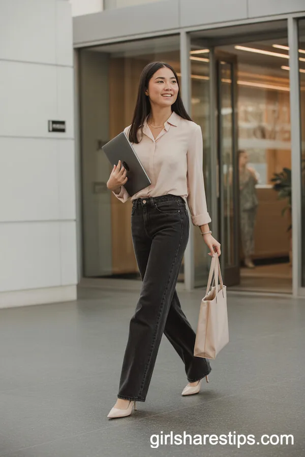 Office Chic with a Blush Blouse and Tailored Wide Leg Jeans