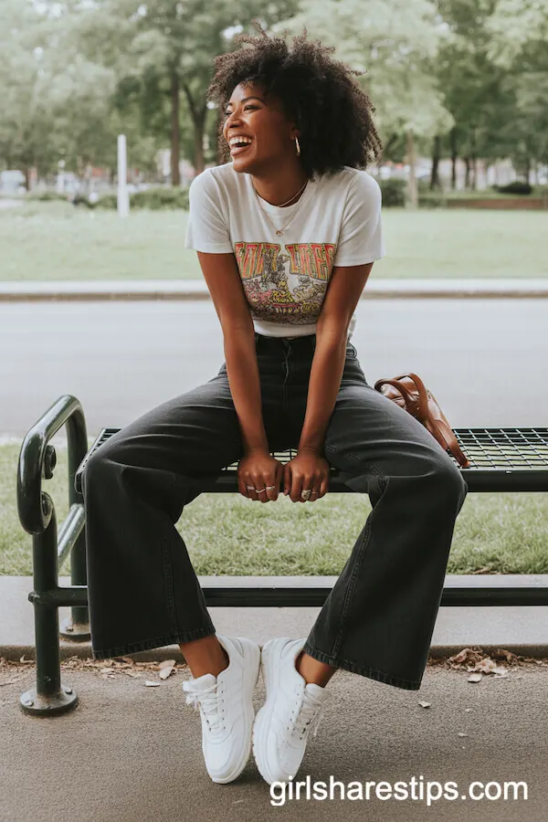 Colorful Graphic Tee and Chunky Sneakers for Playful Vibes
