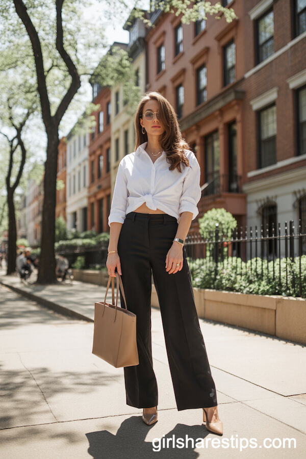 Black Wide-Leg Pants with a White Button-Down Shirt and Nude Heels