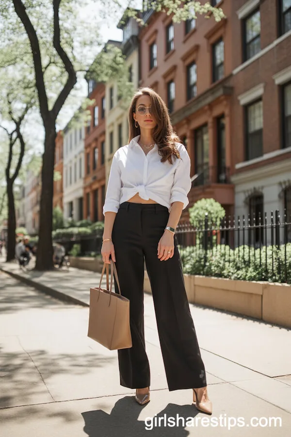 Black Wide-Leg Pants with a White Button-Down Shirt and Nude Heels